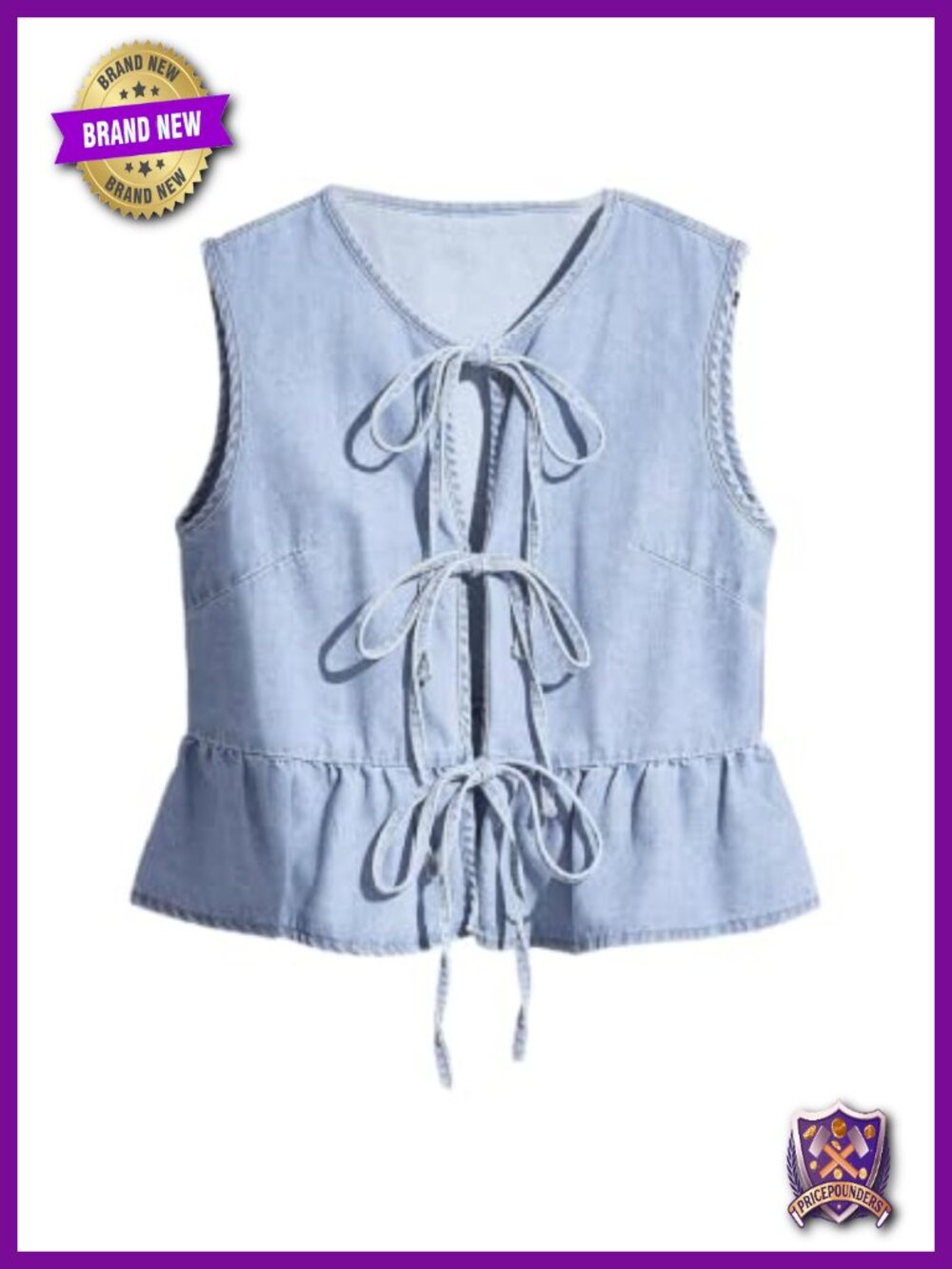 Tie Front Denim Vest Ruffle Hem Peplum Top Sleeveless V-Neck